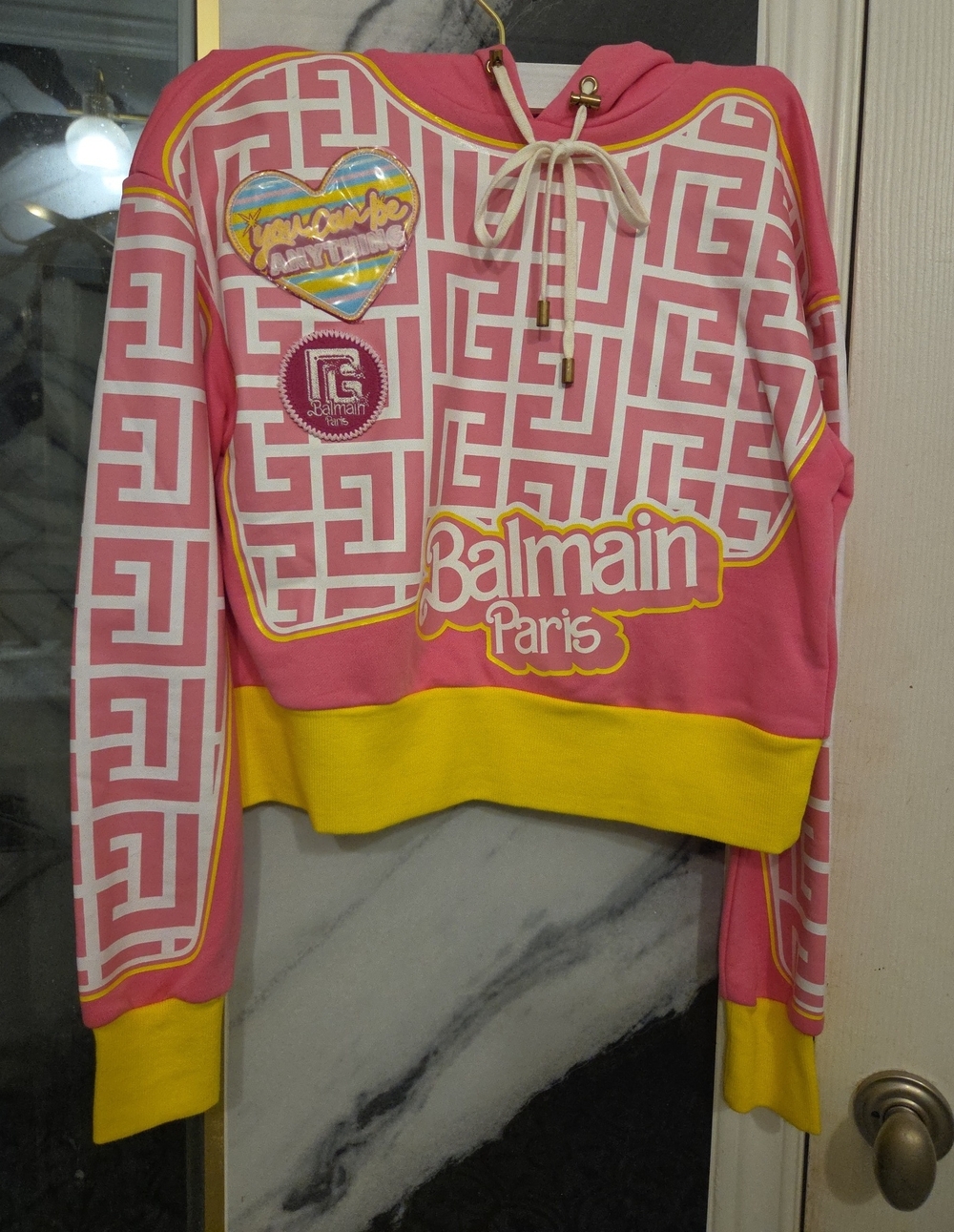 Balmain Barbie Pink and Yellow Logo Cropped Hoodie Sweater